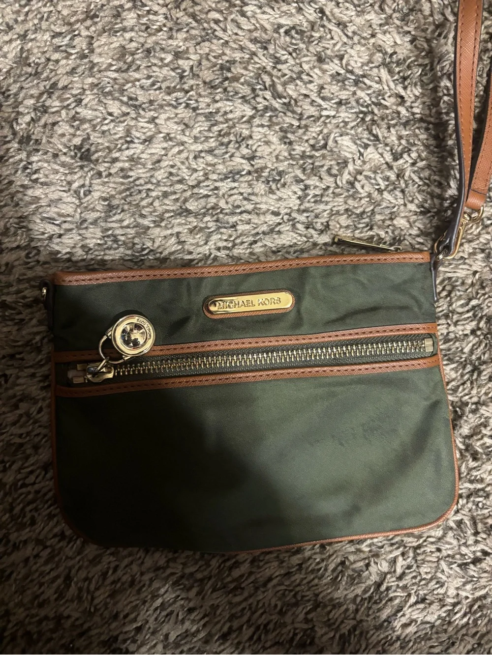 Michael Kors Green and Tan Crossbody Wristlet with Gold Hardware